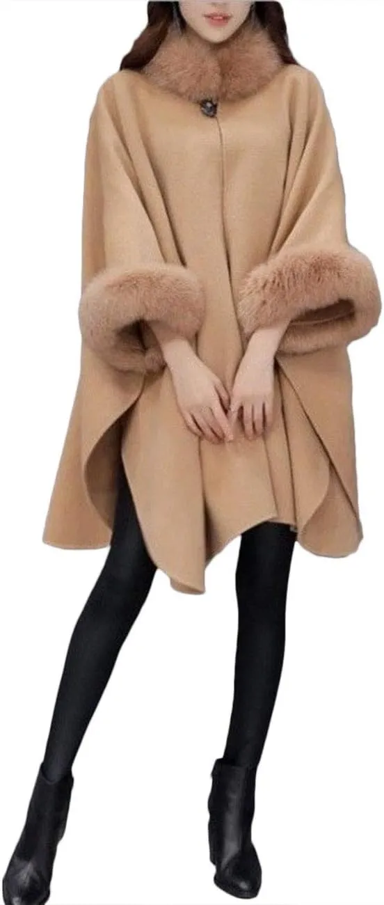 SEMATOMALA Women's Winter Wool Blended Faux Fur Coats Warm Baggy Oversized Shawl Wraps Cloak Trench Coat Poncho Cape Outwear