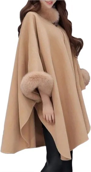 SEMATOMALA Women's Winter Wool Blended Faux Fur Coats Warm Baggy Oversized Shawl Wraps Cloak Trench Coat Poncho Cape Outwear