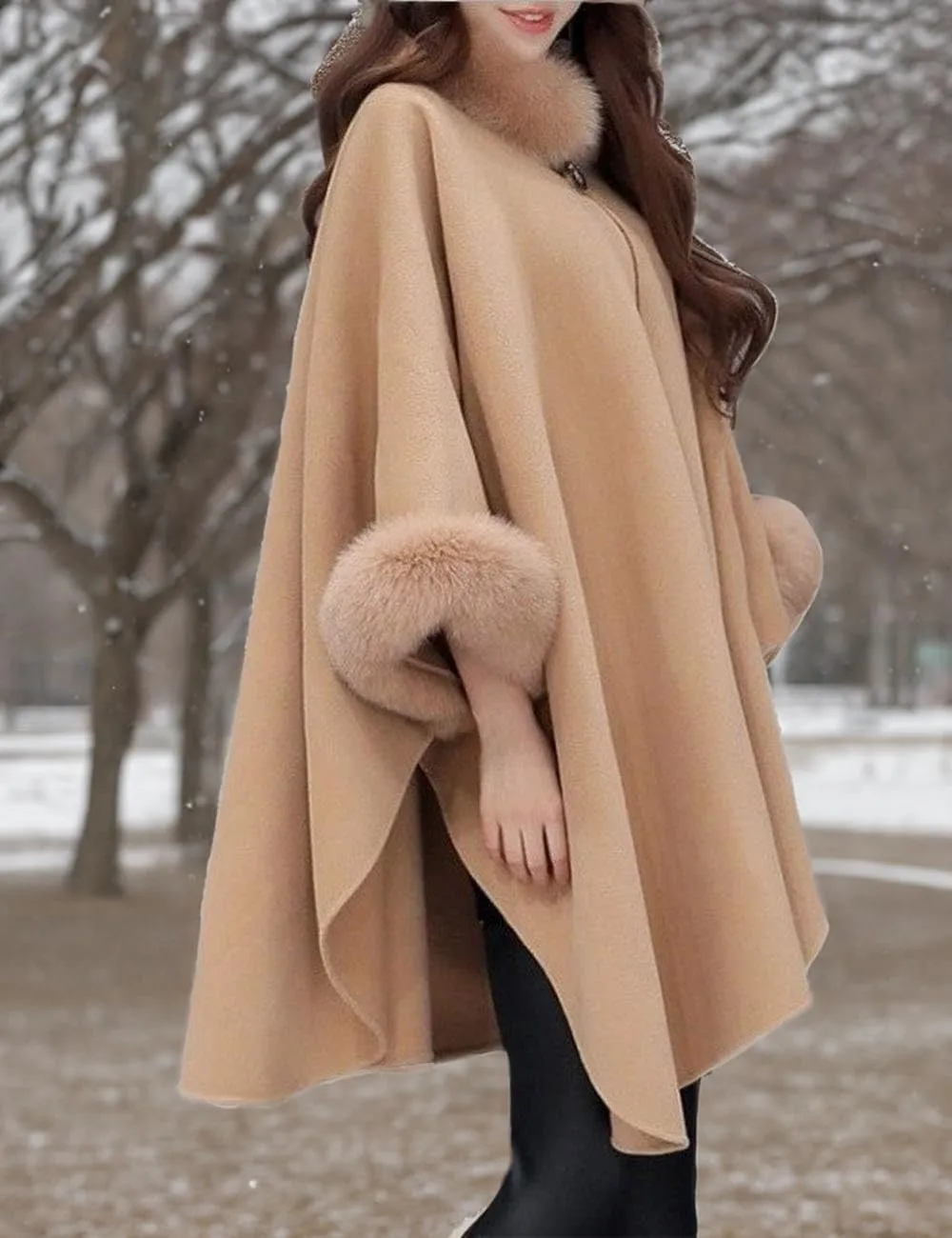 SEMATOMALA Women's Winter Wool Blended Faux Fur Coats Warm Baggy Oversized Shawl Wraps Cloak Trench Coat Poncho Cape Outwear