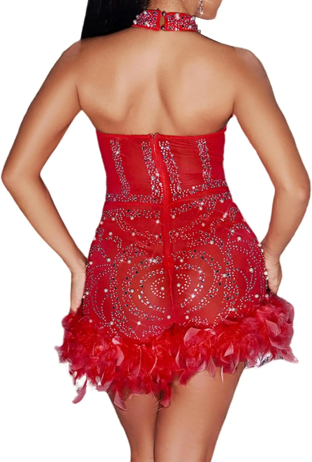 Sexy Feather Rhinestone Backless Mesh Sheer Burlesque Outfit Nightout Clubwear Birthday Party Dress
