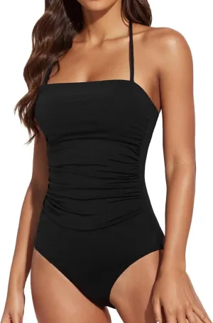 Sexy One Piece Swimsuit for Women Color Block Slimming Swimsuits Halter Push up Bathing Suits Retro Ruched Swimwear