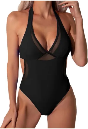 Sexy One Piece Swimsuit for Women Tummy Control Bathing Suits Halter V Neck Mesh Swimwear Backless Monokini Swim Suit