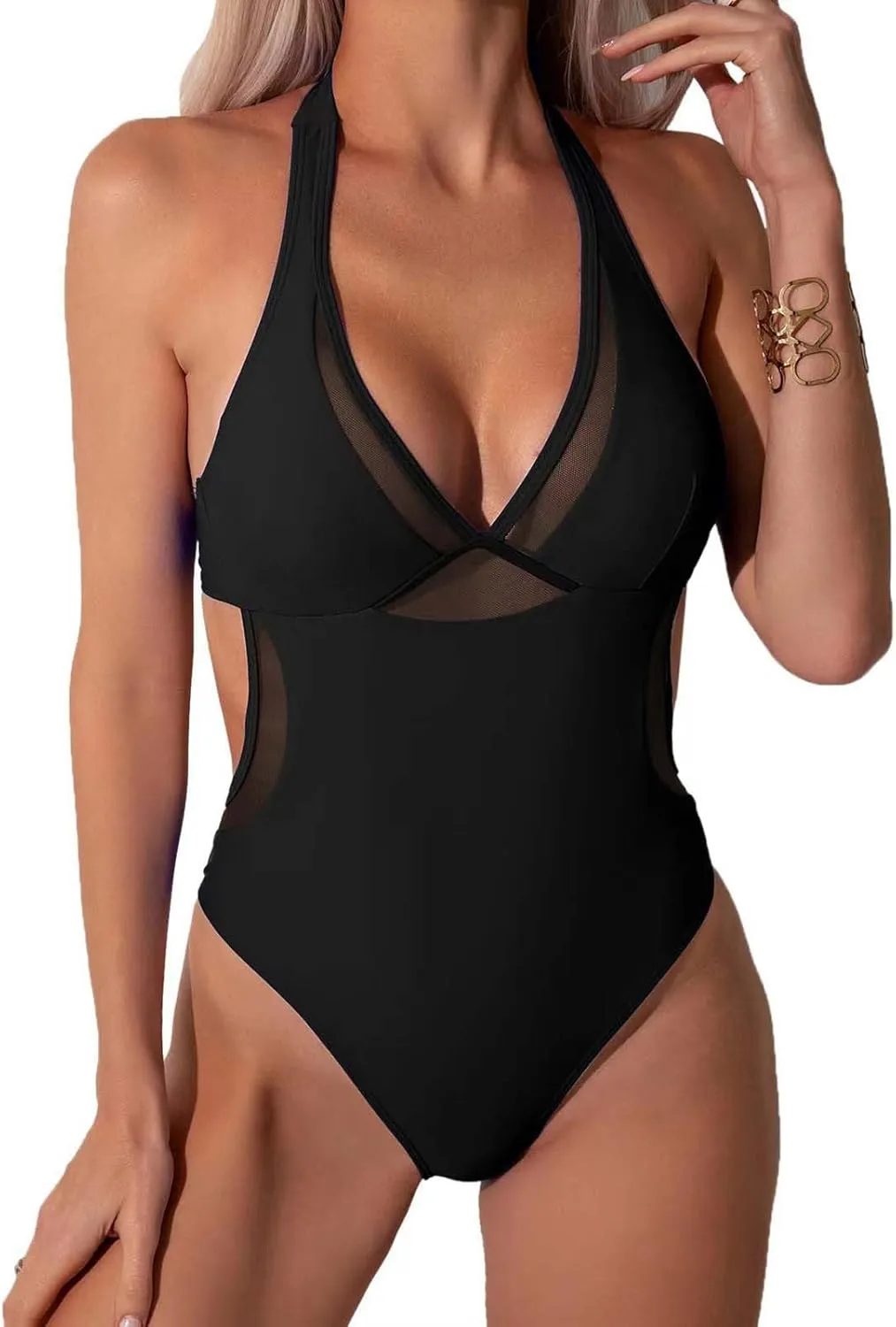 Sexy One Piece Swimsuit for Women Tummy Control Bathing Suits Halter V Neck Mesh Swimwear Backless Monokini Swim Suit