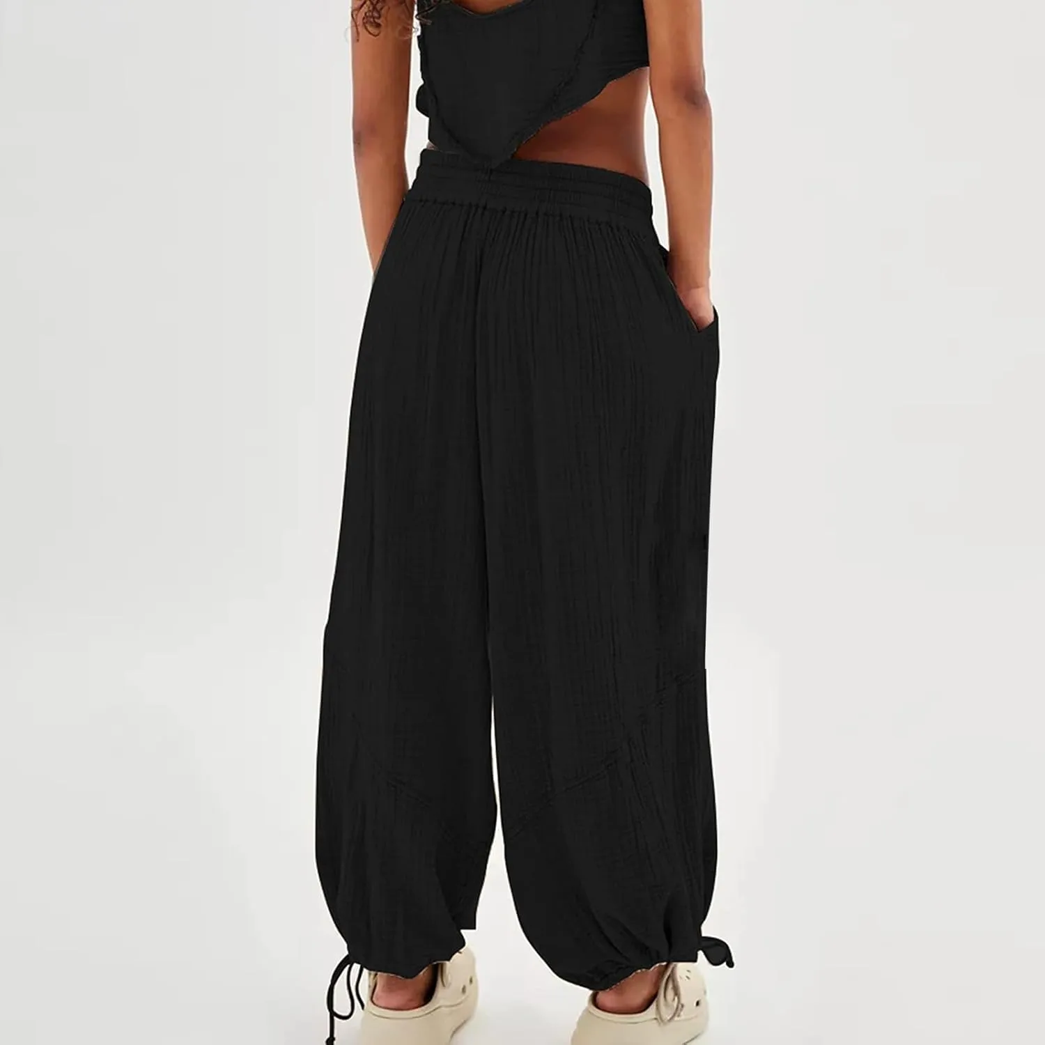 SHAOBGE Linen Pants Women Summer Women's Cargo Pants Baggy Wide Leg Pants Black Loose High Waist Trendy Pants