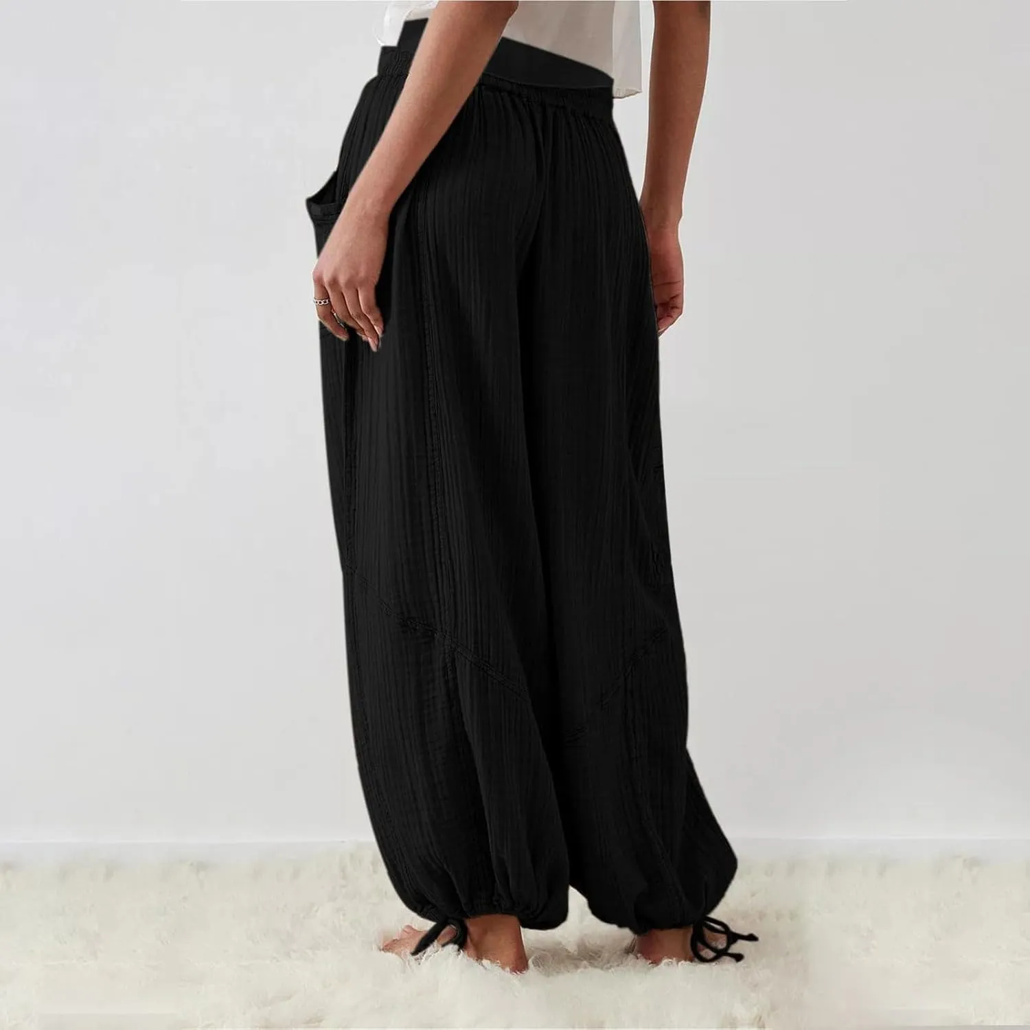 SHAOBGE Linen Pants Women Summer Women's Cargo Pants Baggy Wide Leg Pants Black Loose High Waist Trendy Pants