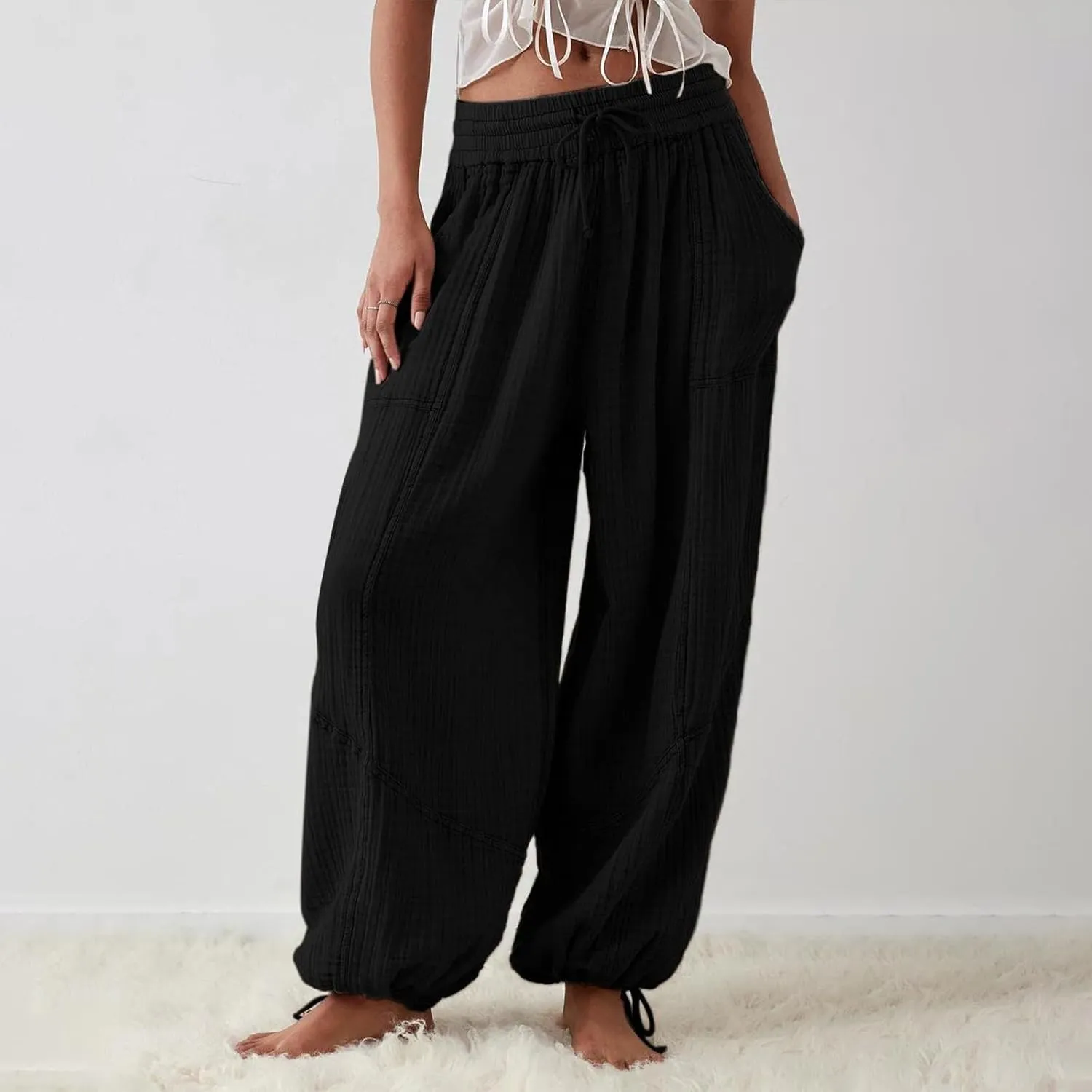 SHAOBGE Linen Pants Women Summer Women's Cargo Pants Baggy Wide Leg Pants Black Loose High Waist Trendy Pants