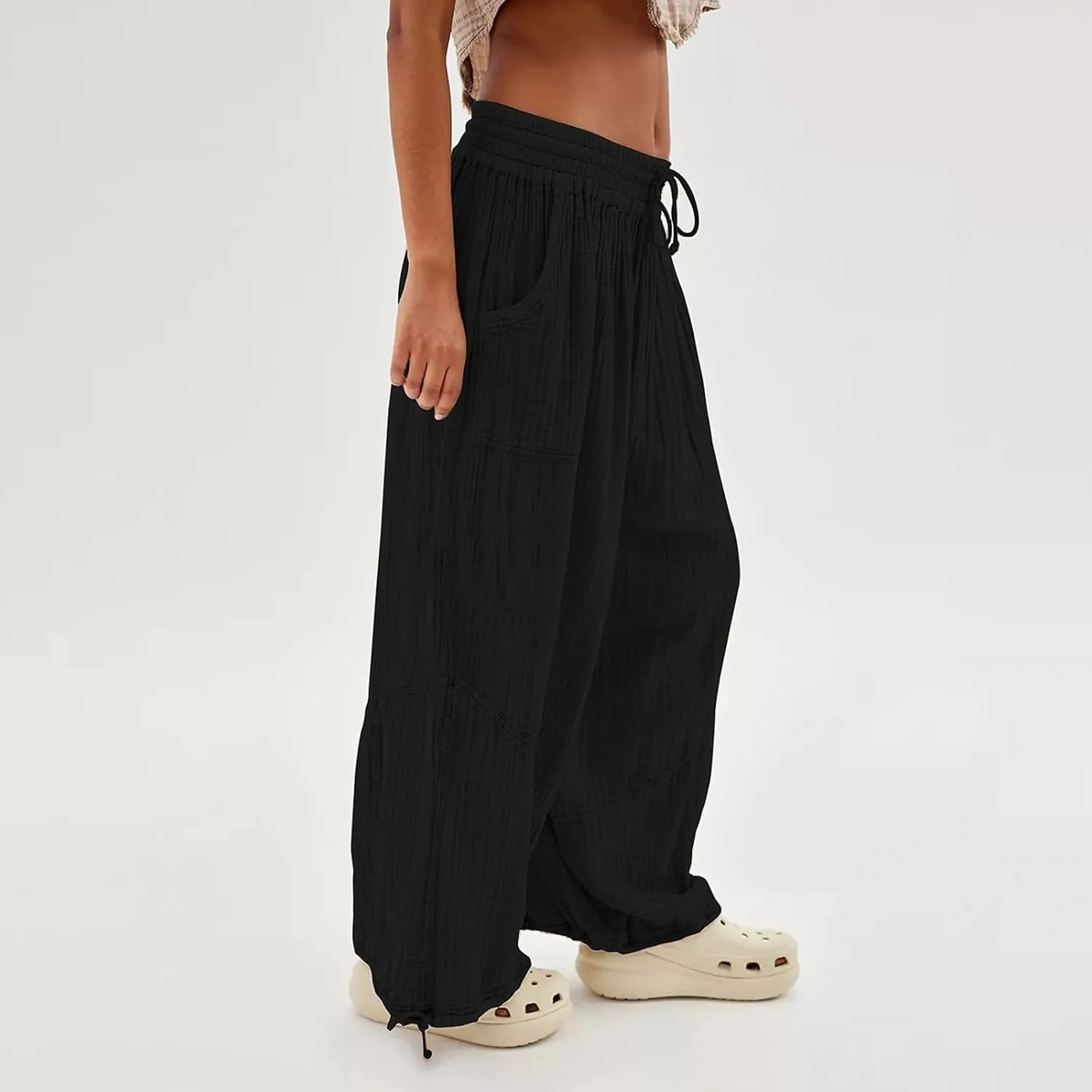 SHAOBGE Linen Pants Women Summer Women's Cargo Pants Baggy Wide Leg Pants Black Loose High Waist Trendy Pants