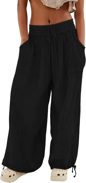 SHAOBGE Linen Pants Women Summer Women's Cargo Pants Baggy Wide Leg Pants Black Loose High Waist Trendy Pants
