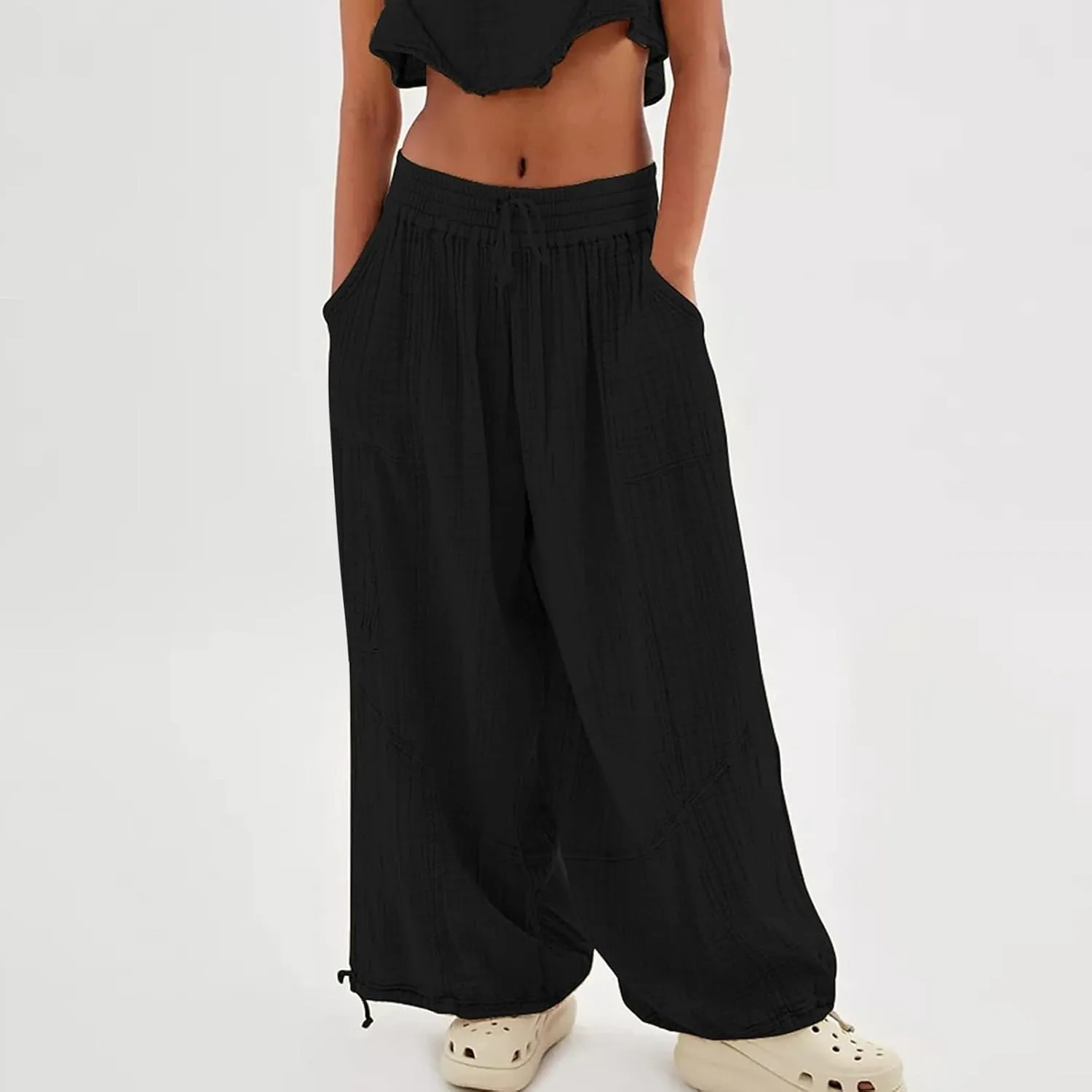SHAOBGE Linen Pants Women Summer Women's Cargo Pants Baggy Wide Leg Pants Black Loose High Waist Trendy Pants