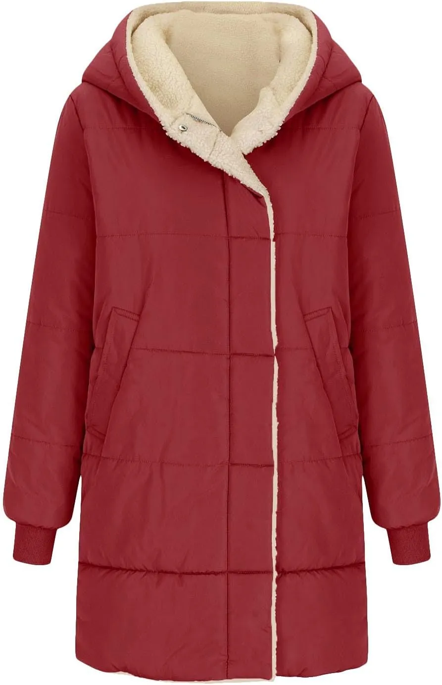 Sherpa Lined Jacket Women Long Hooded Warm Winter Coats Thick Padded Full Zip Up Button Down Puffer Coat with Pockets