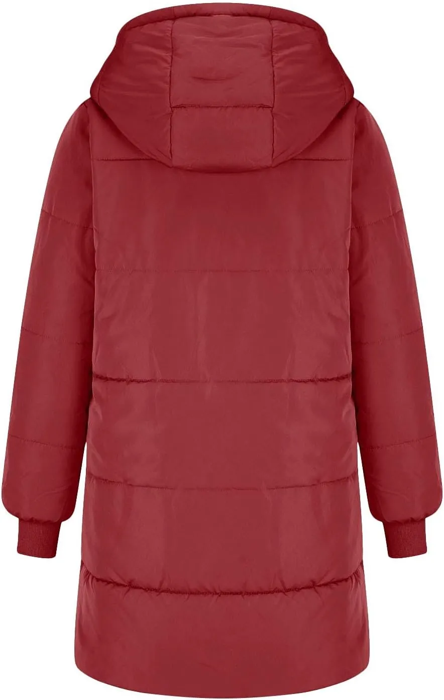 Sherpa Lined Jacket Women Long Hooded Warm Winter Coats Thick Padded Full Zip Up Button Down Puffer Coat with Pockets
