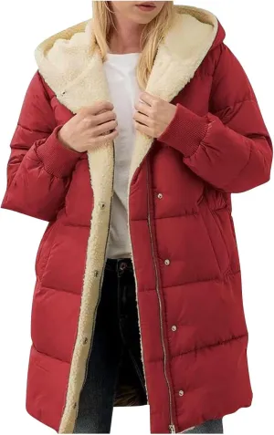 Sherpa Lined Jacket Women Long Hooded Warm Winter Coats Thick Padded Full Zip Up Button Down Puffer Coat with Pockets