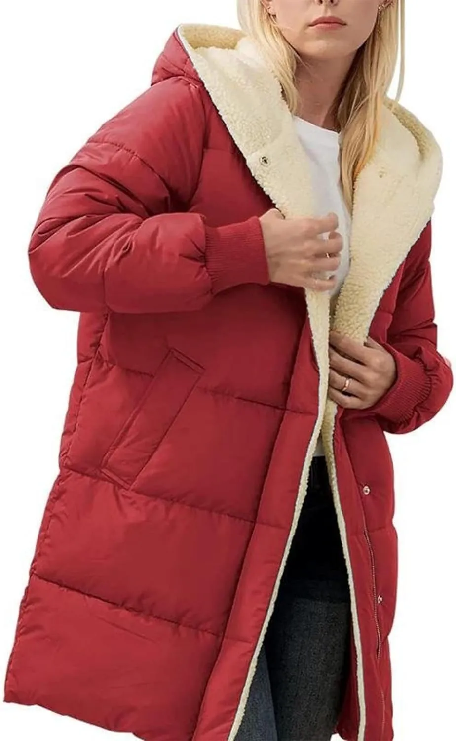 Sherpa Lined Jacket Women Long Hooded Warm Winter Coats Thick Padded Full Zip Up Button Down Puffer Coat with Pockets
