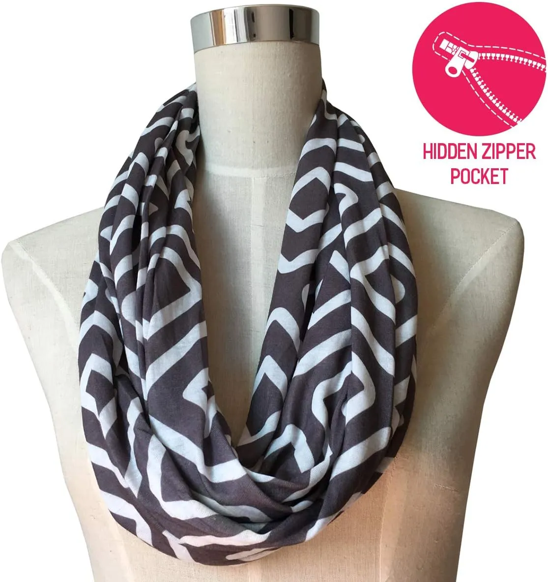 Shop Women's Infinity Scarf with Zipper Pocket, Geometric Pattern