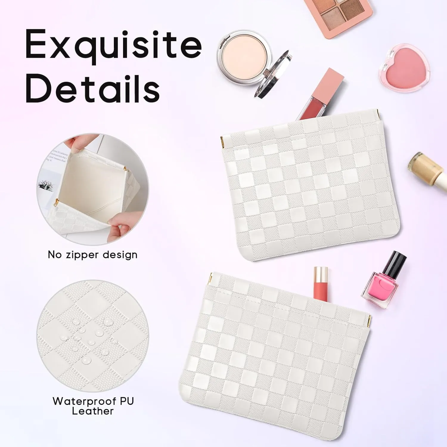 Sightor 2PCS Pocket Cosmetic Bag for Purse, Checkered Makeup Bag Portable Leather Cosmetic Bag for Women, Coin Purse Lipstick Cosmetic Accessories Organizer Travel Cosmetic Pouch (Black, White, L)