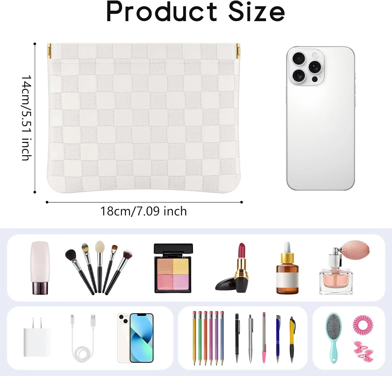 Sightor 2PCS Pocket Cosmetic Bag for Purse, Checkered Makeup Bag Portable Leather Cosmetic Bag for Women, Coin Purse Lipstick Cosmetic Accessories Organizer Travel Cosmetic Pouch (Black, White, L)