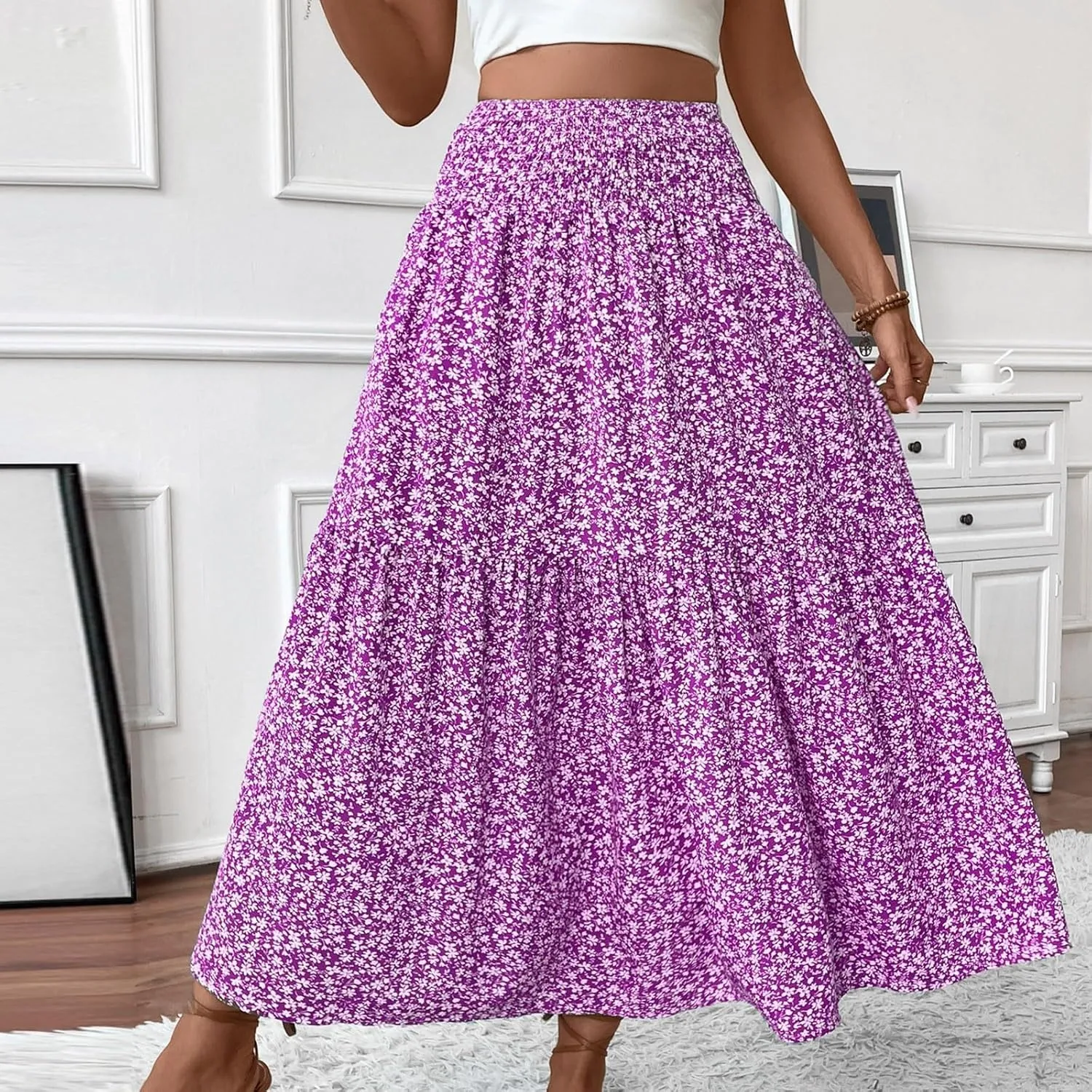 Skirts for Women Summer Comfy High Elastic Waist Maxi Skirt Casual Trendy Flowy Ruffle Printed A Line Boho Cute Skirts