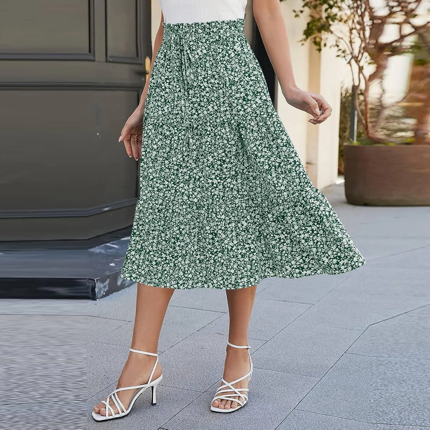 Skirts for Women Summer Flowy Tiered Elastic High Waisted Skirt Vacation A-Line Swing Long Floral Midi Skirts