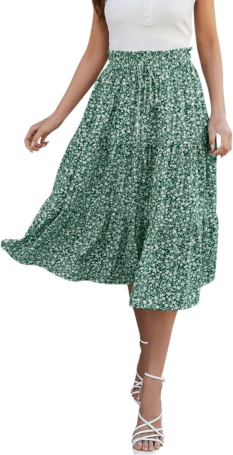 Skirts for Women Summer Flowy Tiered Elastic High Waisted Skirt Vacation A-Line Swing Long Floral Midi Skirts