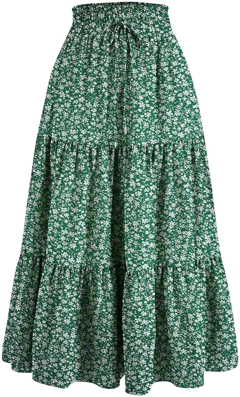Skirts for Women Summer Flowy Tiered Elastic High Waisted Skirt Vacation A-Line Swing Long Floral Midi Skirts