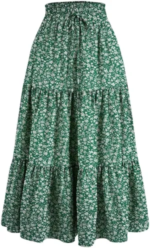 Skirts for Women Summer Flowy Tiered Elastic High Waisted Skirt Vacation A-Line Swing Long Floral Midi Skirts