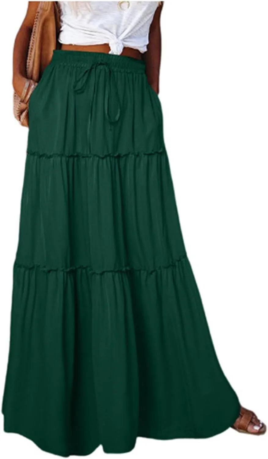 Skirts for Women Summer Flowy Tiered Elastic High Waisted Skirt Vacation Swing Long Solid/Floral Maxi Skirts