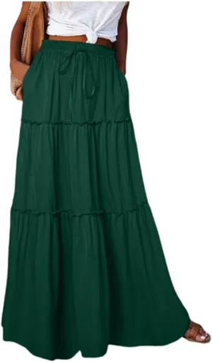Skirts for Women Summer Flowy Tiered Elastic High Waisted Skirt Vacation Swing Long Solid/Floral Maxi Skirts