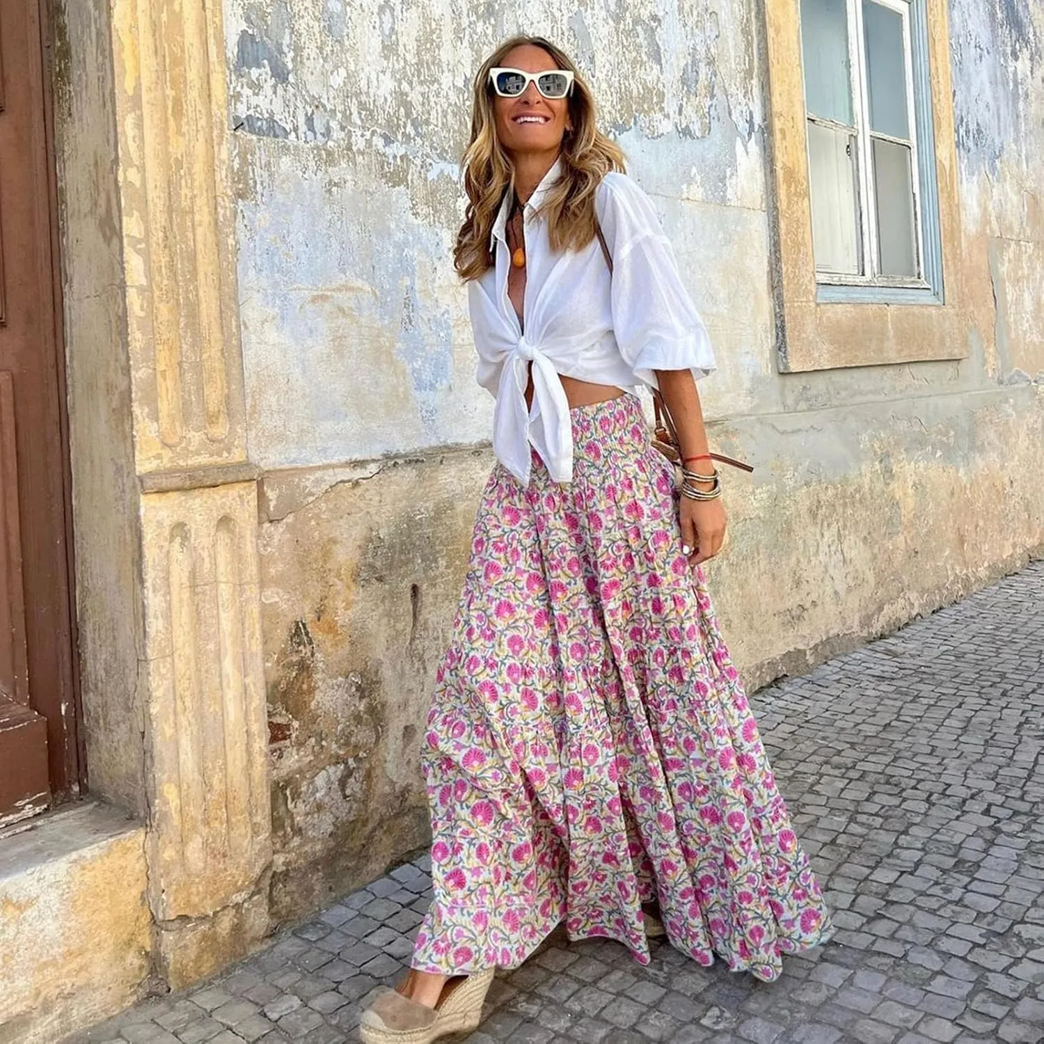 Skirts for Women Trendy Summer Casual High Elastic Waist Retro Boha Floral Print A-Line Ladies Long Maxi Skirts Dress