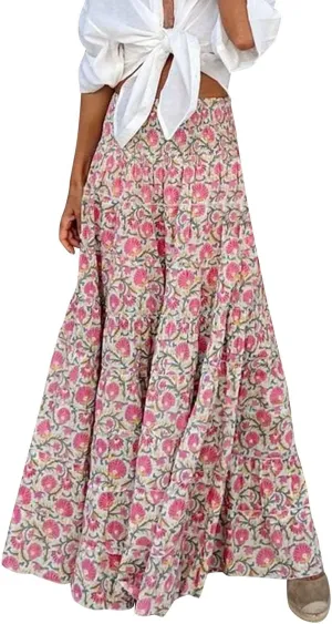 Skirts for Women Trendy Summer Casual High Elastic Waist Retro Boha Floral Print A-Line Ladies Long Maxi Skirts Dress