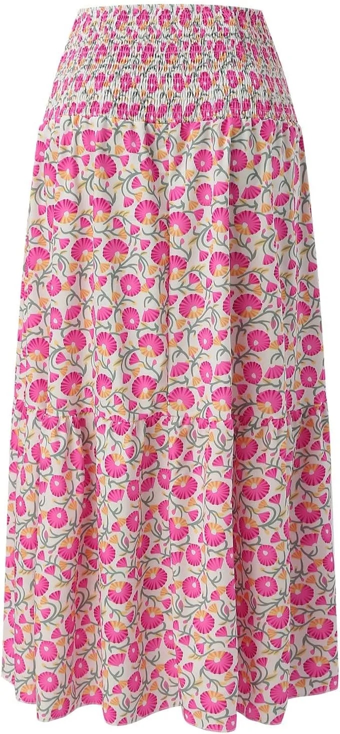 Skirts for Women Trendy Summer Casual High Elastic Waist Retro Boha Floral Print A-Line Ladies Long Maxi Skirts Dress