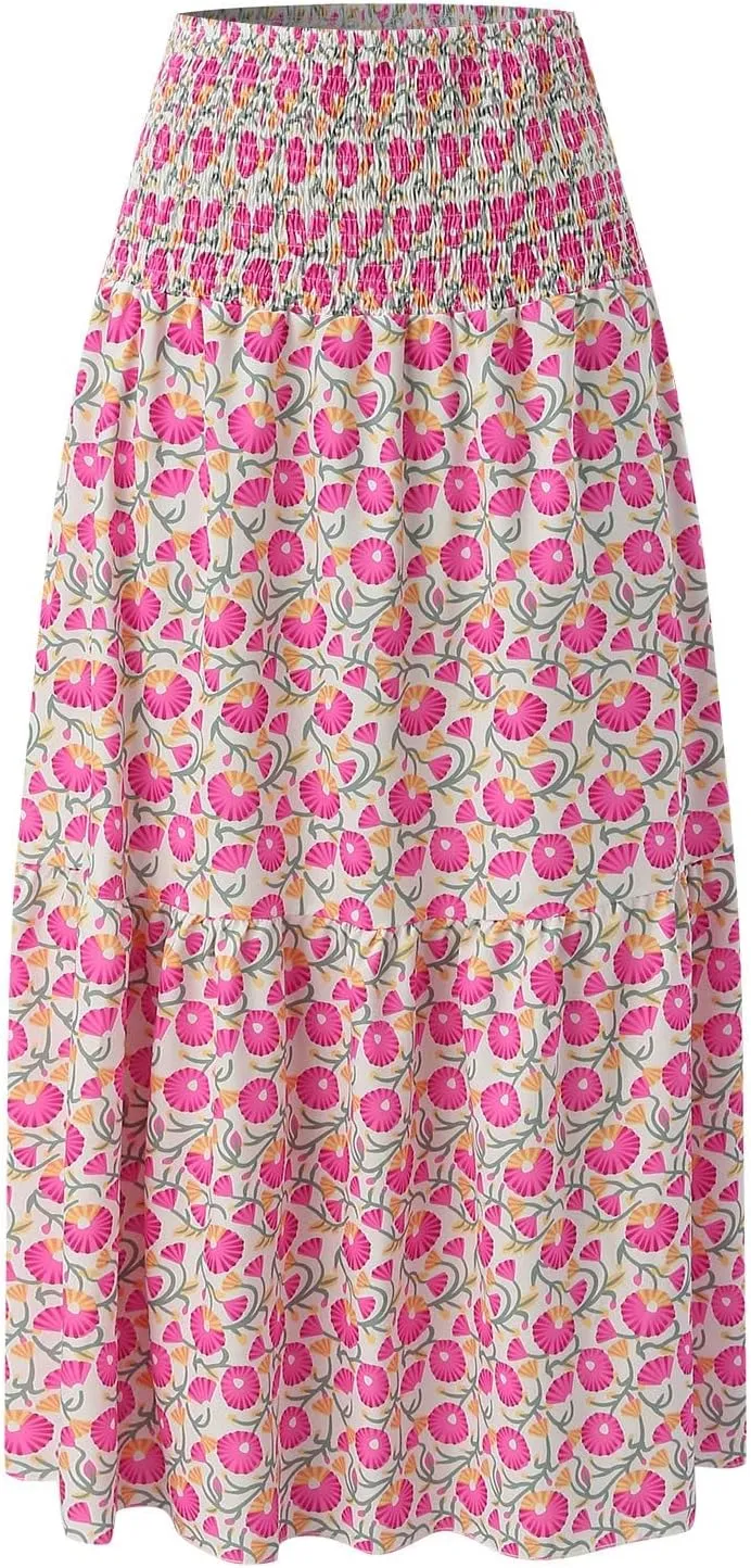 Skirts for Women Trendy Summer Casual High Elastic Waist Retro Boha Floral Print A-Line Ladies Long Maxi Skirts Dress