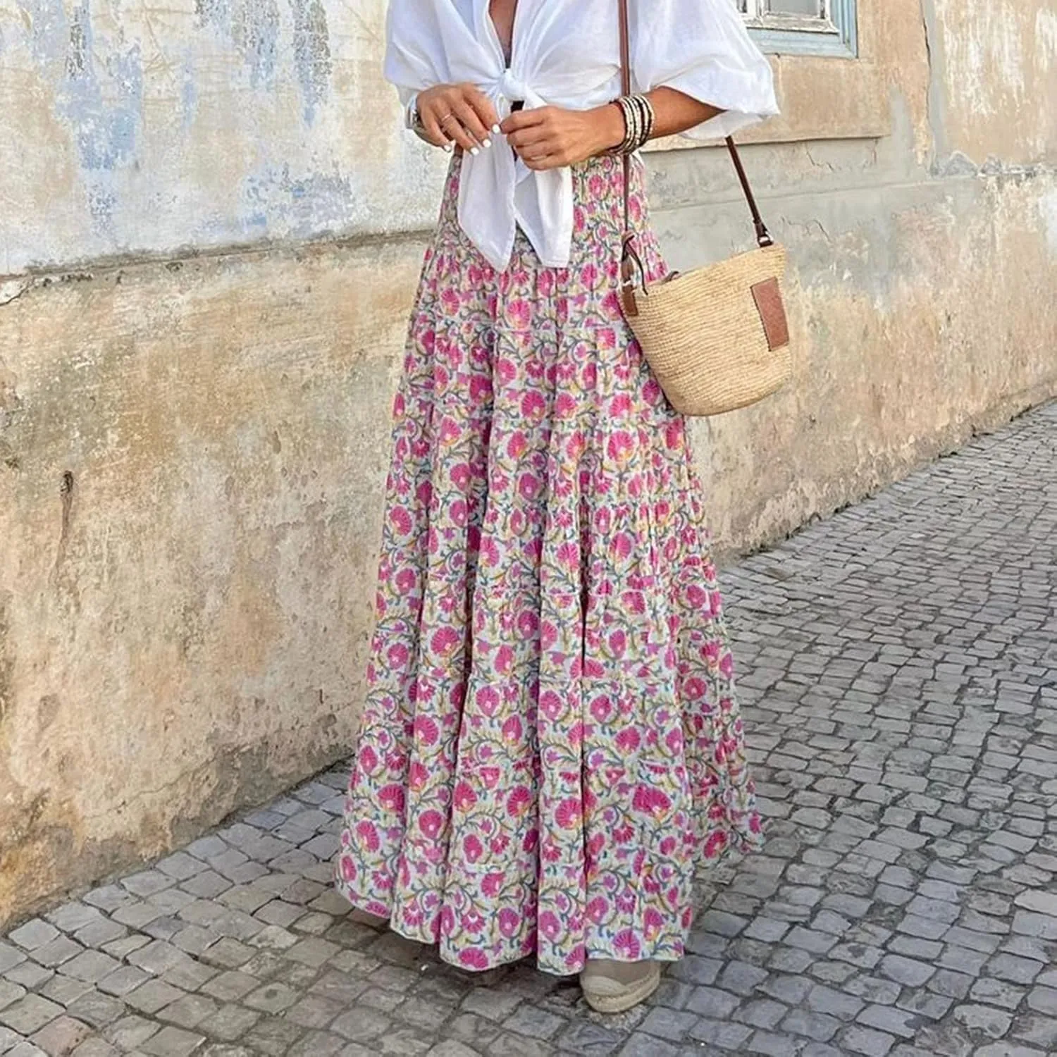 Skirts for Women Trendy Summer Casual High Elastic Waist Retro Boha Floral Print A-Line Ladies Long Maxi Skirts Dress