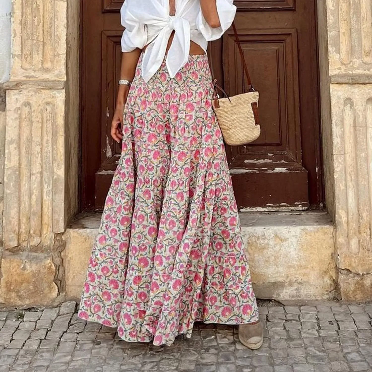 Skirts for Women Trendy Summer Casual High Elastic Waist Retro Boha Floral Print A-Line Ladies Long Maxi Skirts Dress