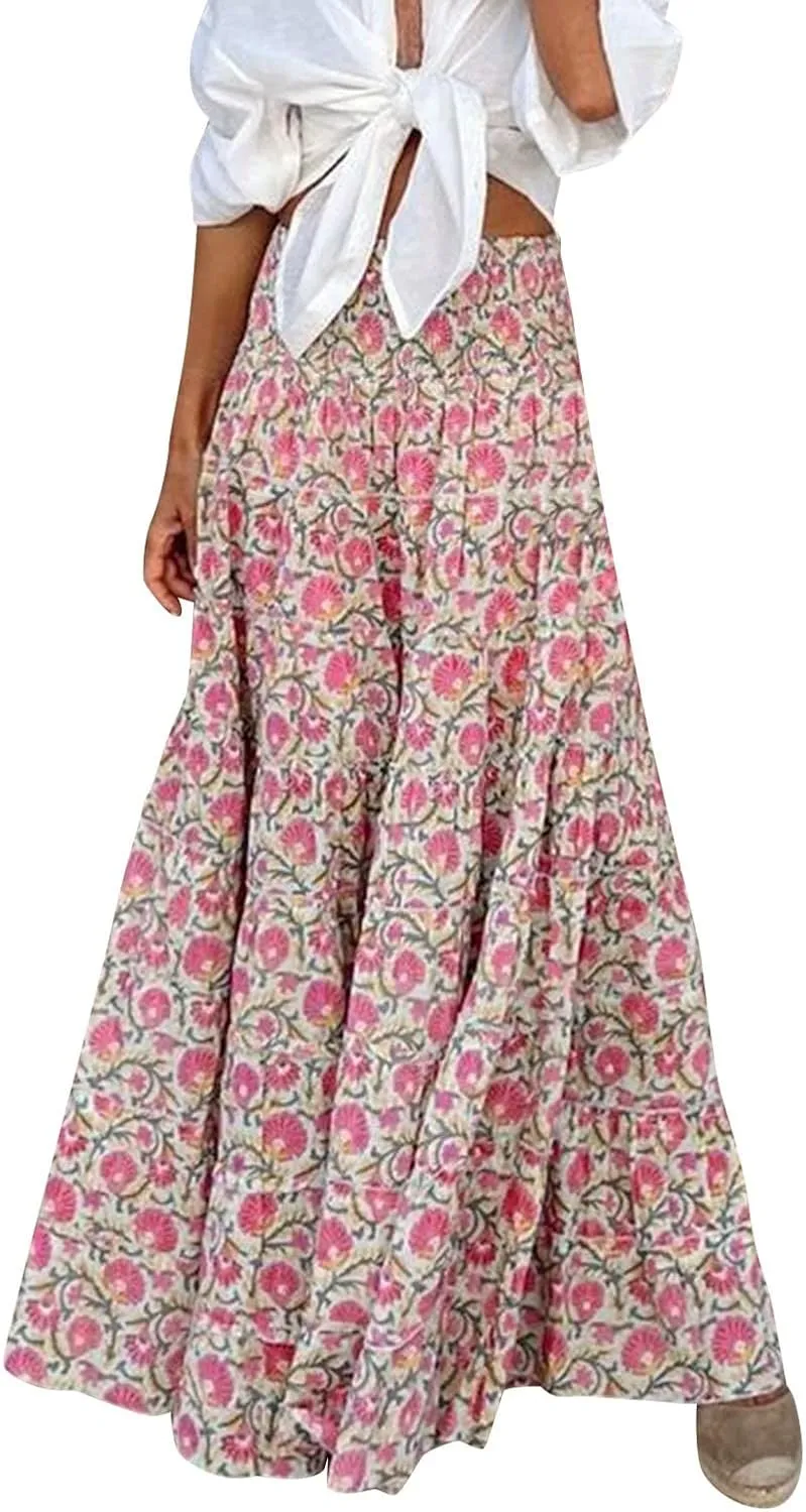 Skirts for Women Trendy Summer Casual High Elastic Waist Retro Boha Floral Print A-Line Ladies Long Maxi Skirts Dress