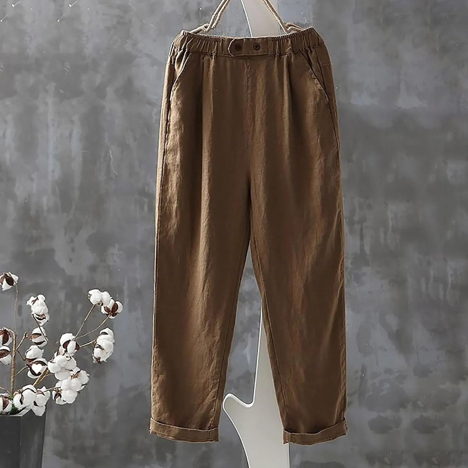 Solid Color Linen Pants Woman Casual Loung Pants Summer Loose Fitting Pants High Waisted Wide Leg Pants Sweatpants