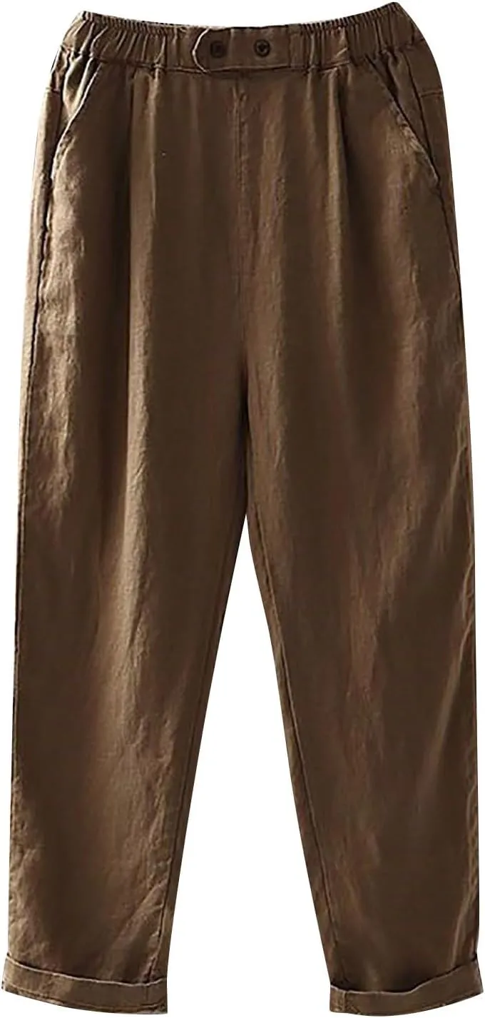 Solid Color Linen Pants Woman Casual Loung Pants Summer Loose Fitting Pants High Waisted Wide Leg Pants Sweatpants
