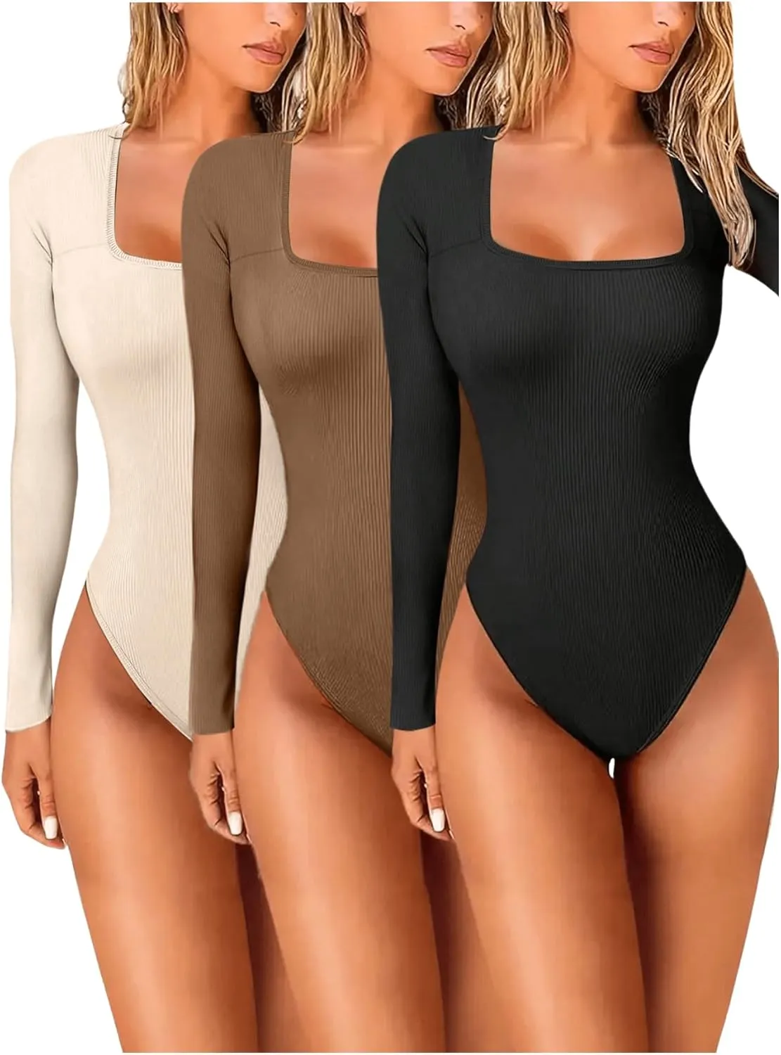 SOLY HUX Women's 3 Piece Bodysuit Square Neck Long Sleeve Ribbed Knit Bodysuits T Shirt Tops