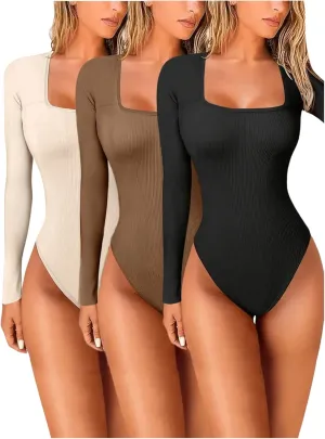 SOLY HUX Women's 3 Piece Bodysuit Square Neck Long Sleeve Ribbed Knit Bodysuits T Shirt Tops