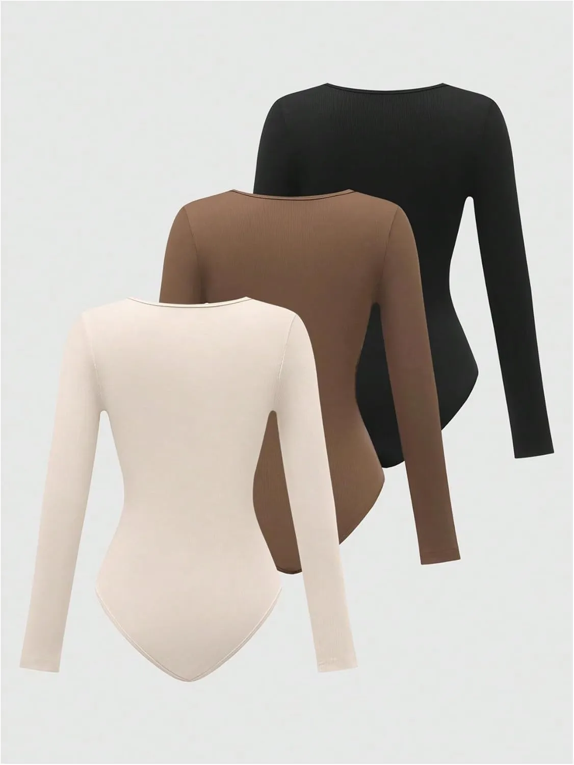 SOLY HUX Women's 3 Piece Bodysuit Square Neck Long Sleeve Ribbed Knit Bodysuits T Shirt Tops