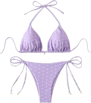 SOLY HUX Women's Polka Dots Print Bathing Suit Halter Triangle Tie Side Bikini Sets Two Piece Swimsuit