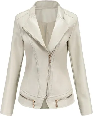 Spring Autumn Women Faux Leather Jacket, Long Sleeves Motorcycle Coat For Women, Moto Biker Zipper Jacket