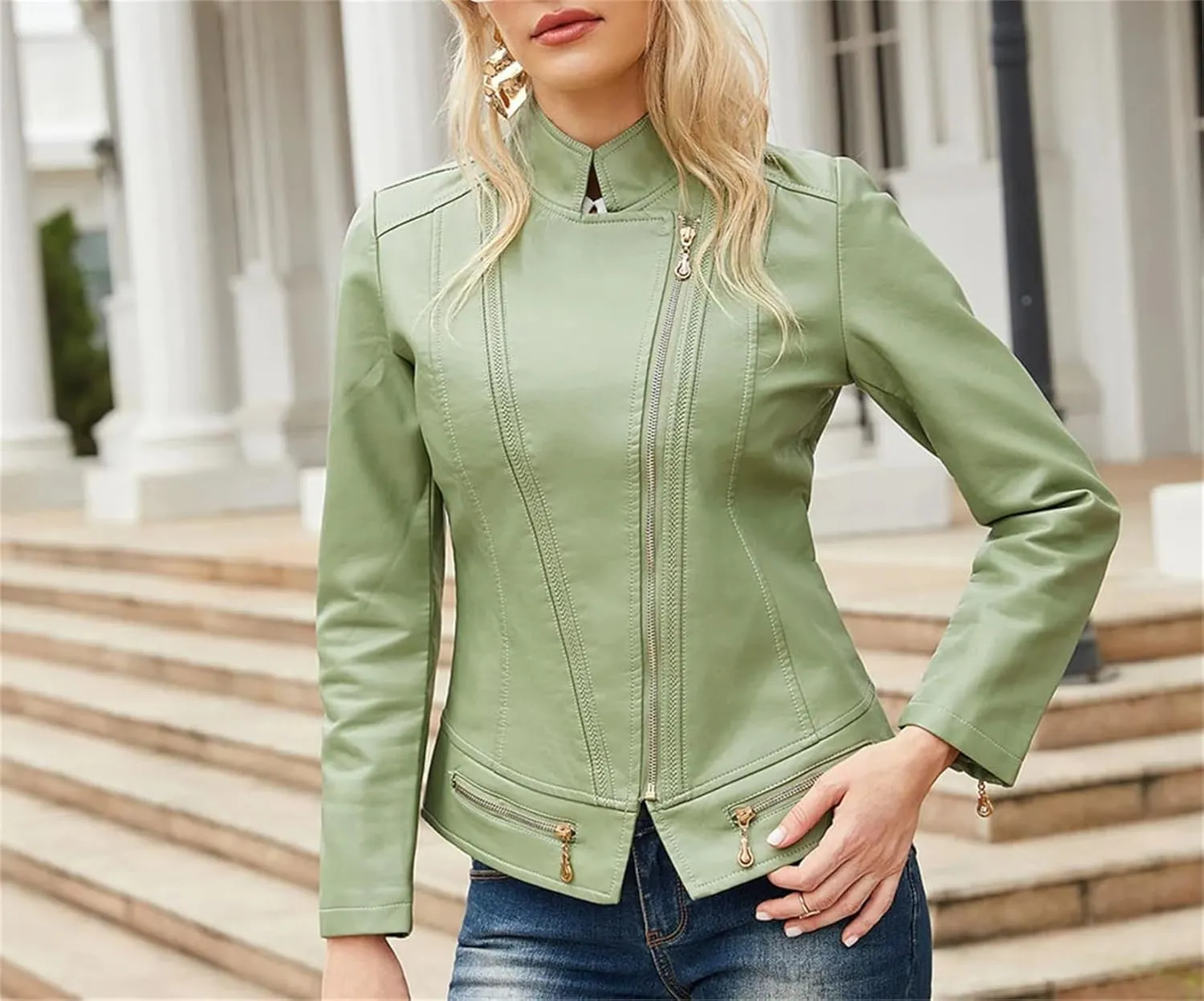 Spring Autumn Women Faux Leather Jacket, Long Sleeves Motorcycle Coat For Women, Moto Biker Zipper Jacket