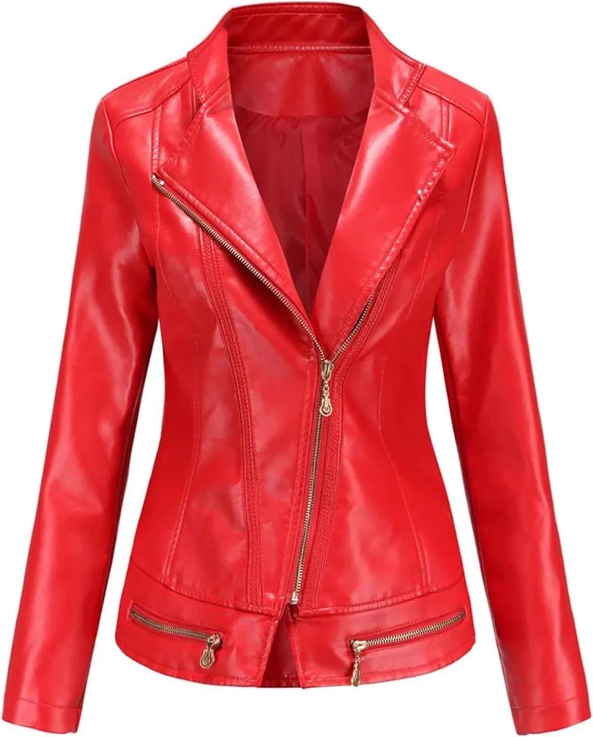 Spring Autumn Women Faux Leather Jacket, Long Sleeves Motorcycle Coat For Women, Moto Biker Zipper Jacket