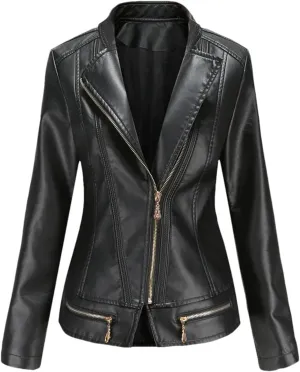 Spring Autumn Women Faux Leather Jacket, Long Sleeves Motorcycle Coat For Women, Moto Biker Zipper Jacket