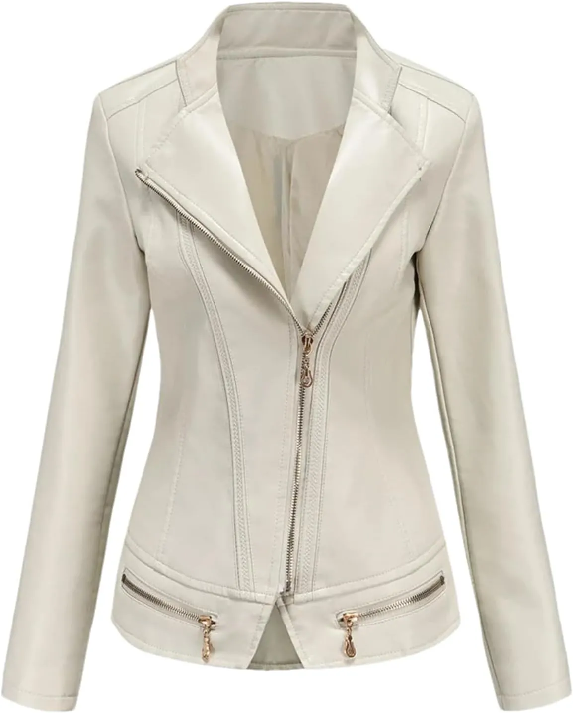 Spring Autumn Women Faux Leather Jacket, Long Sleeves Motorcycle Coat For Women, Moto Biker Zipper Jacket