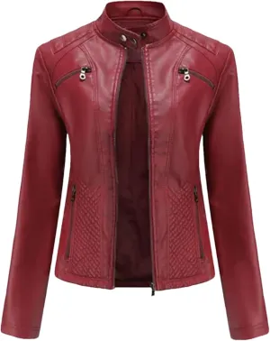Spring Autumn Women Leather Jacket Moto Biker Zipper Jackets Red Black Apricot Coffee Coat Ladies Outerwear