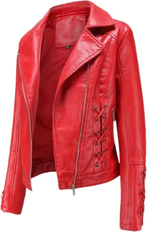 Spring Autumn Women Long Sleeves Faux Leather Jacket Black Red Moto Biker Zipper Jacket Coat