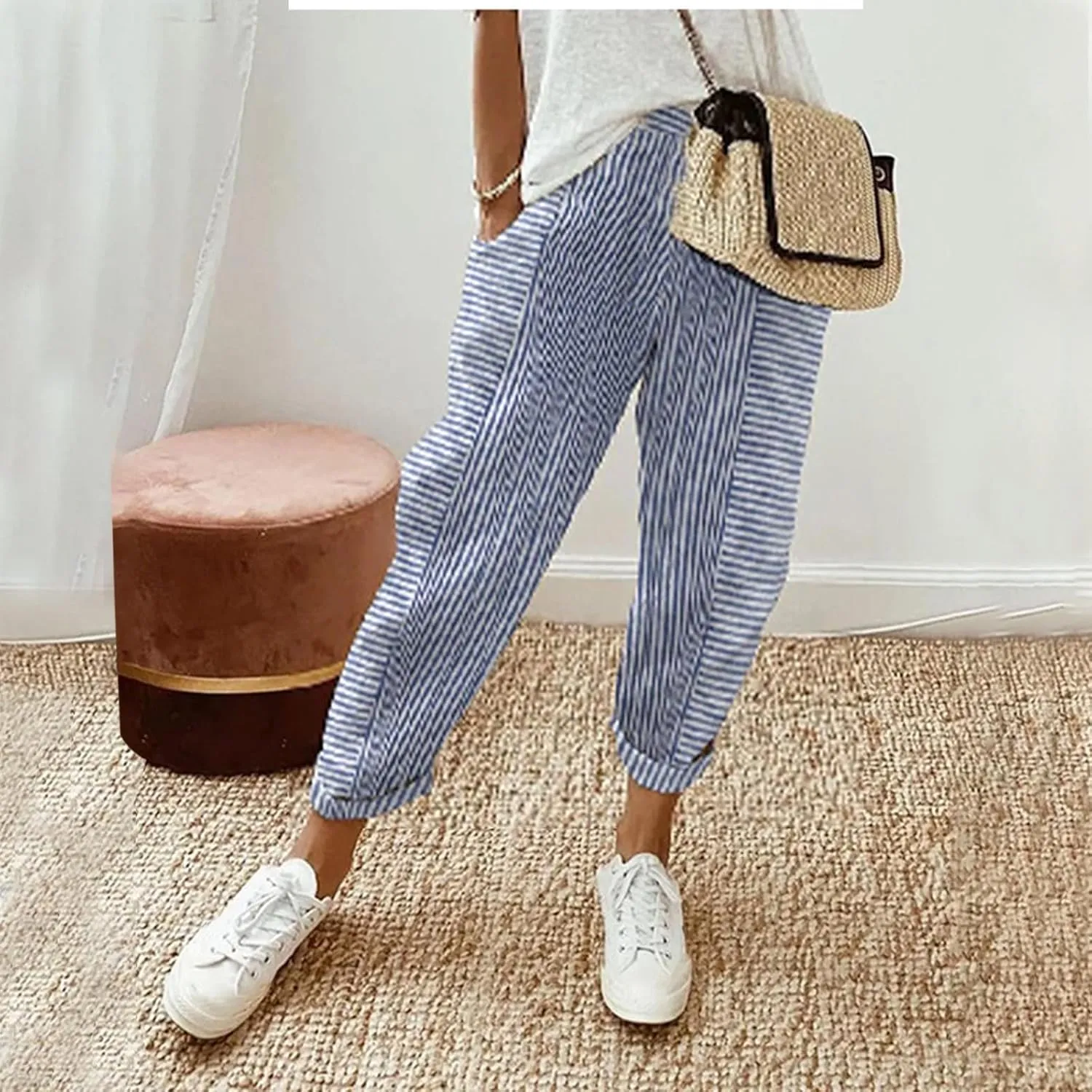 Striped Casual Pants for Women High Waisted Pants Straight Leg Travel Pants Comfy Beach Pants Trousers with Pockets