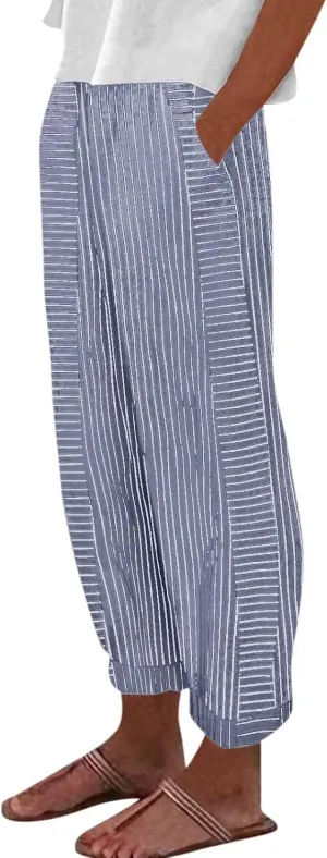 Striped Casual Pants for Women High Waisted Pants Straight Leg Travel Pants Comfy Beach Pants Trousers with Pockets