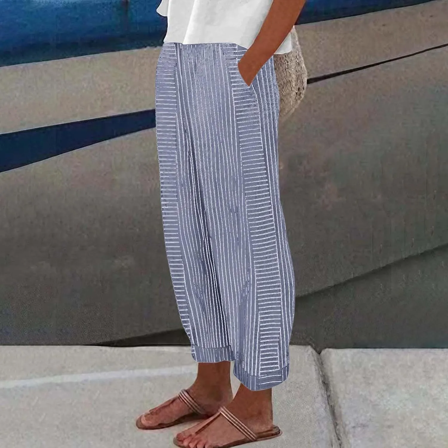 Striped Casual Pants for Women High Waisted Pants Straight Leg Travel Pants Comfy Beach Pants Trousers with Pockets